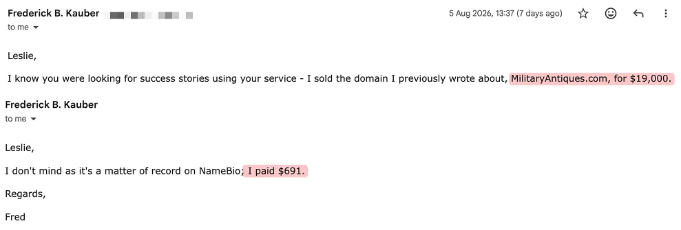 Email from Frederick B. Kauber: sold MilitaryAntiques.com for $19,000 after paying $691